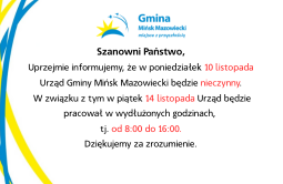 Informacja dotycząca pracy Urzędu Gminy w dniach 10 i 14 listopada 2025 r.